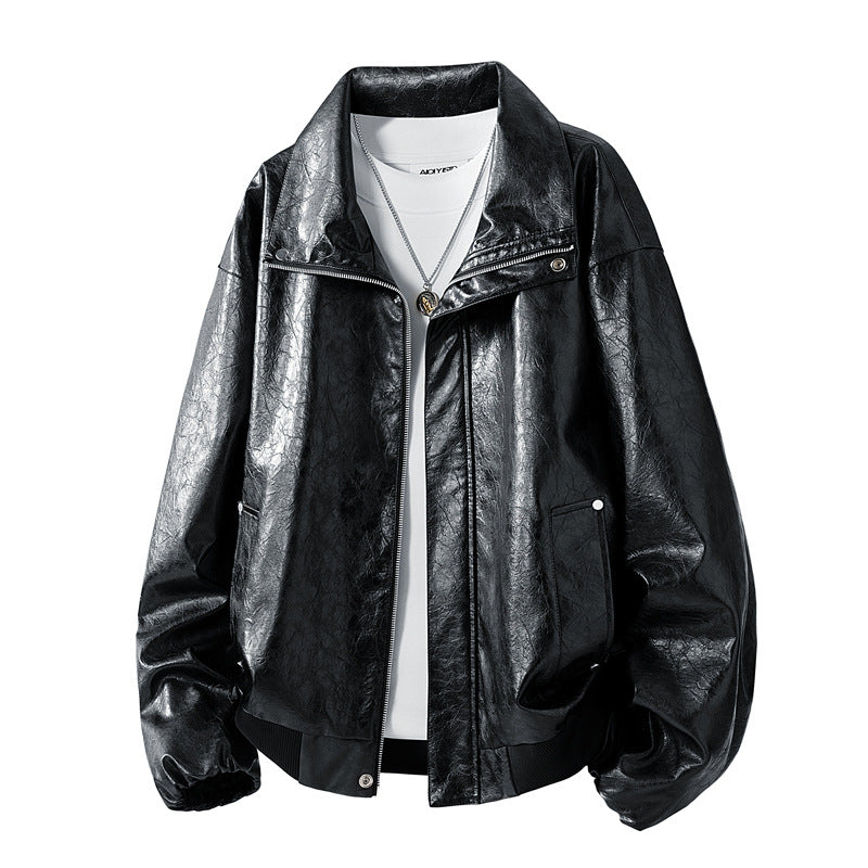Herren Oversize Kunstleder‑Fliegerjacke mit breitem Umlegekragen, Zwei‑Wege‑Reißverschluss & gerippten Abschlüssen Drune