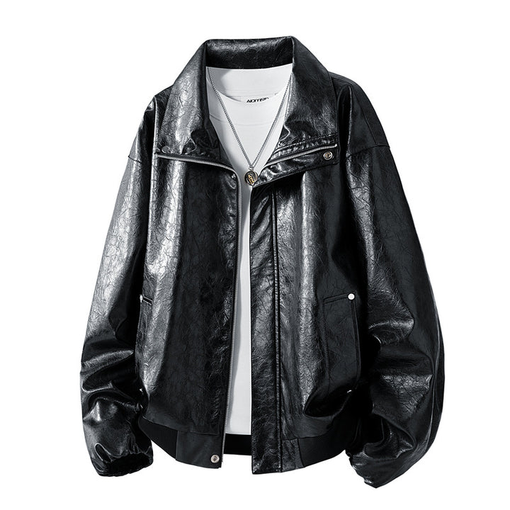 Herren Oversize Kunstleder‑Fliegerjacke mit breitem Umlegekragen, Zwei‑Wege‑Reißverschluss & gerippten Abschlüssen Drune