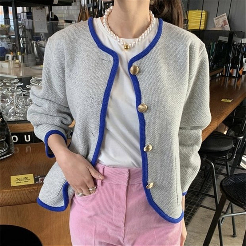 Damen Cardigan mit dekorativen Knöpfen und farblich abgesetztem Kragen Drune