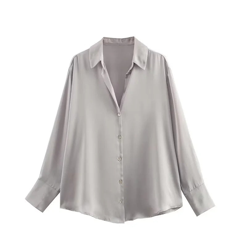 Damen Oversized Satinbluse mit Hemdkragen und breiten Manschetten Drune