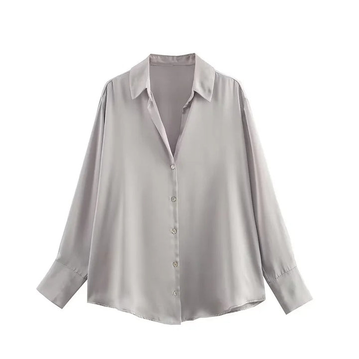 Damen Oversized Satinbluse mit Hemdkragen und breiten Manschetten Drune