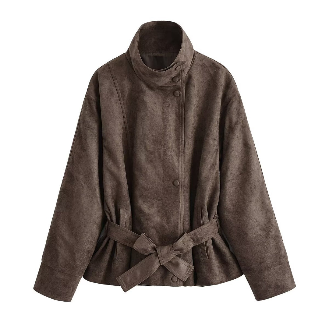 Damen Kurzjacke in Wildleder-Optik mit Stehkragen und Bindegürtel Drune