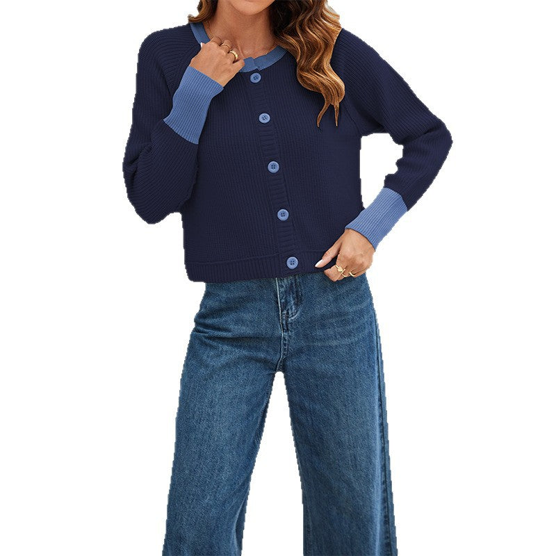 Damen modische Strickjacke mit kontrastierenden Bündchen und Knopfdetails Drune