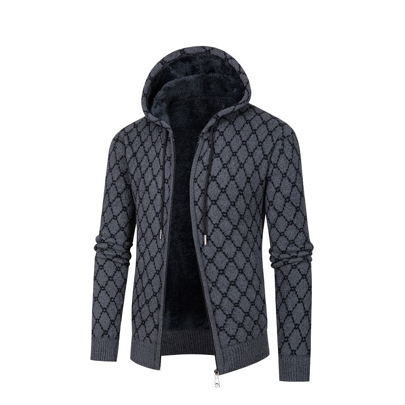 Herren Kapuzen-Strickjacke mit Teddy-Futter und Rautenmuster Drune