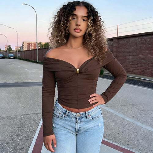 Damen Schulterfreies gerafftes Langarm-Cami mit Zierclip Drune