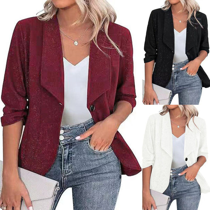 Damen Eleganter Glitzer-Blazer mit Wasserfall‑Revers, tailliertem Schnitt und 3/4‑Ärmeln Drune