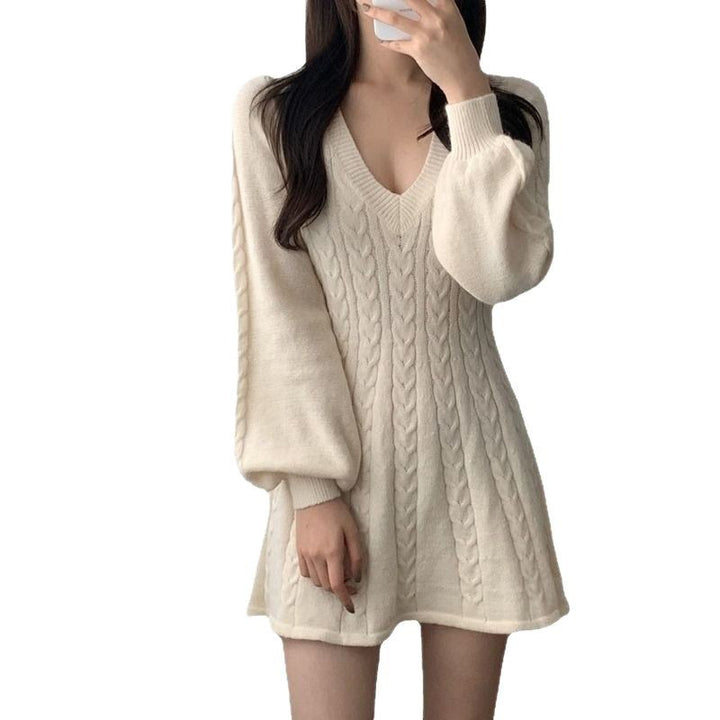 Damen gestricktes Kleid mit ausgefallenem Zopfmuster und voluminösen Ärmeln Drune