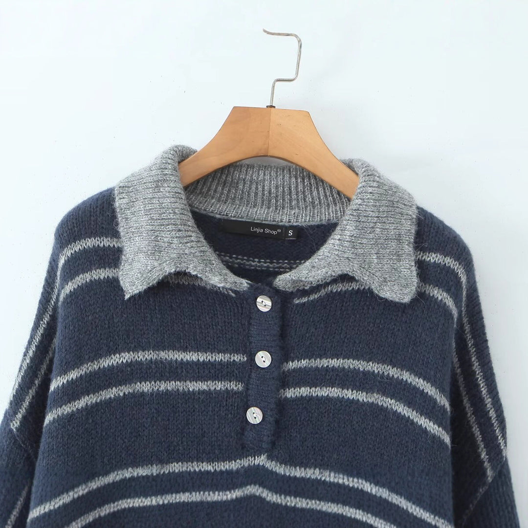 Damen lässiger Pullover mit kontrastierendem Kragen und modernen Streifen Drune