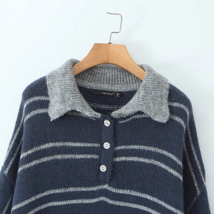 Damen lässiger Pullover mit kontrastierendem Kragen und modernen Streifen Drune
