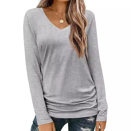 Damen Figurbetontes V‑Ausschnitt Langarmshirt aus Stretch‑Jersey mit leicht gerafftem Saum Drune