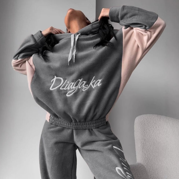 Damen kuscheliges Hoodie-Set mit kontrastärmel, elastischer High-Waist-Jogginghose und überschnittener Kapuze Drune