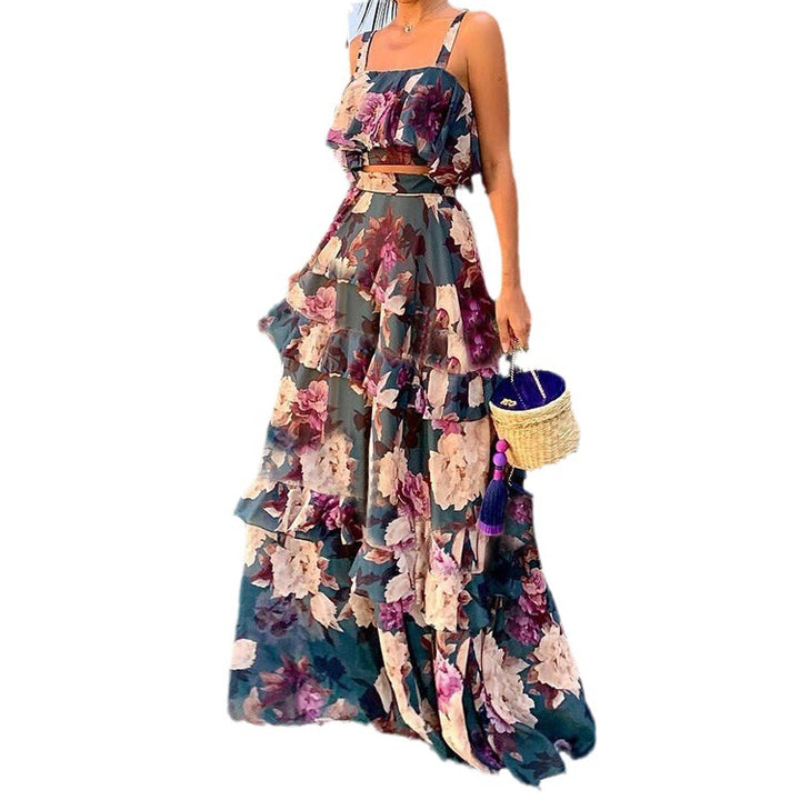 Damen Maxi-Kleid mit floralem Muster und Rüschen Drune