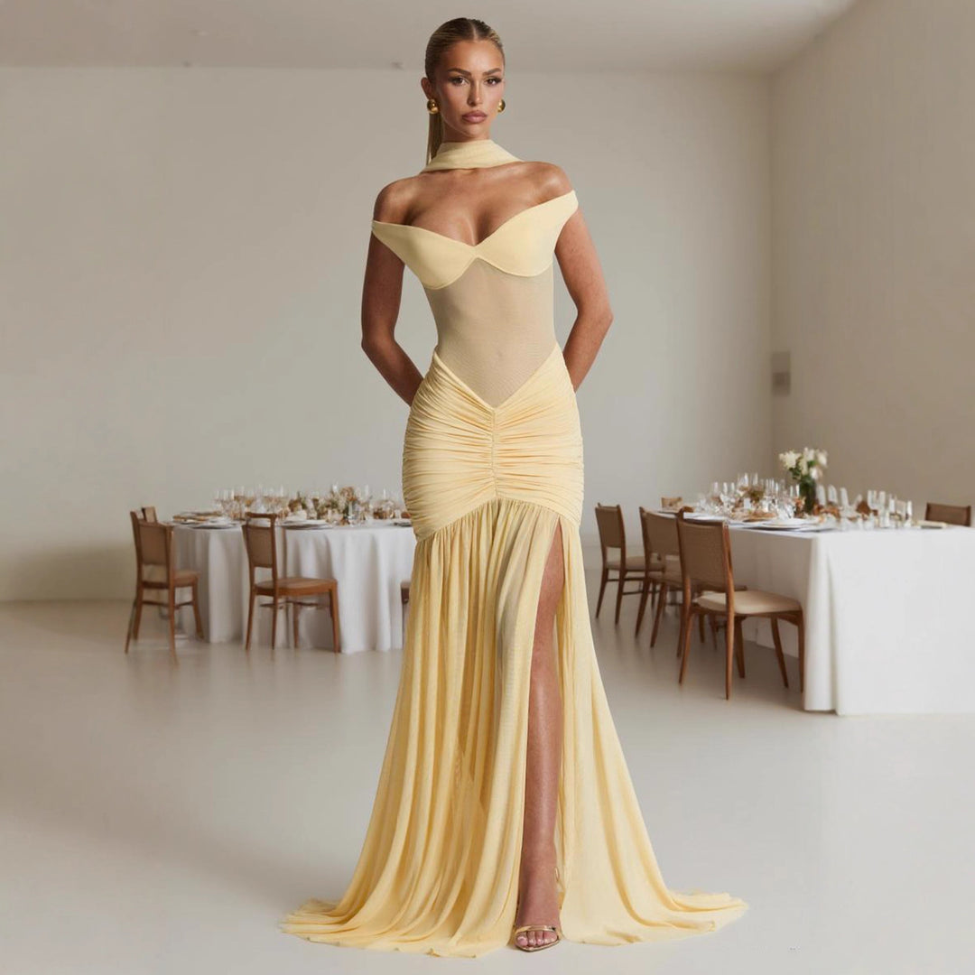 Damen figurbetontes Abendkleid mit schulterfreiem Design und seitlichem Schlitz Drune