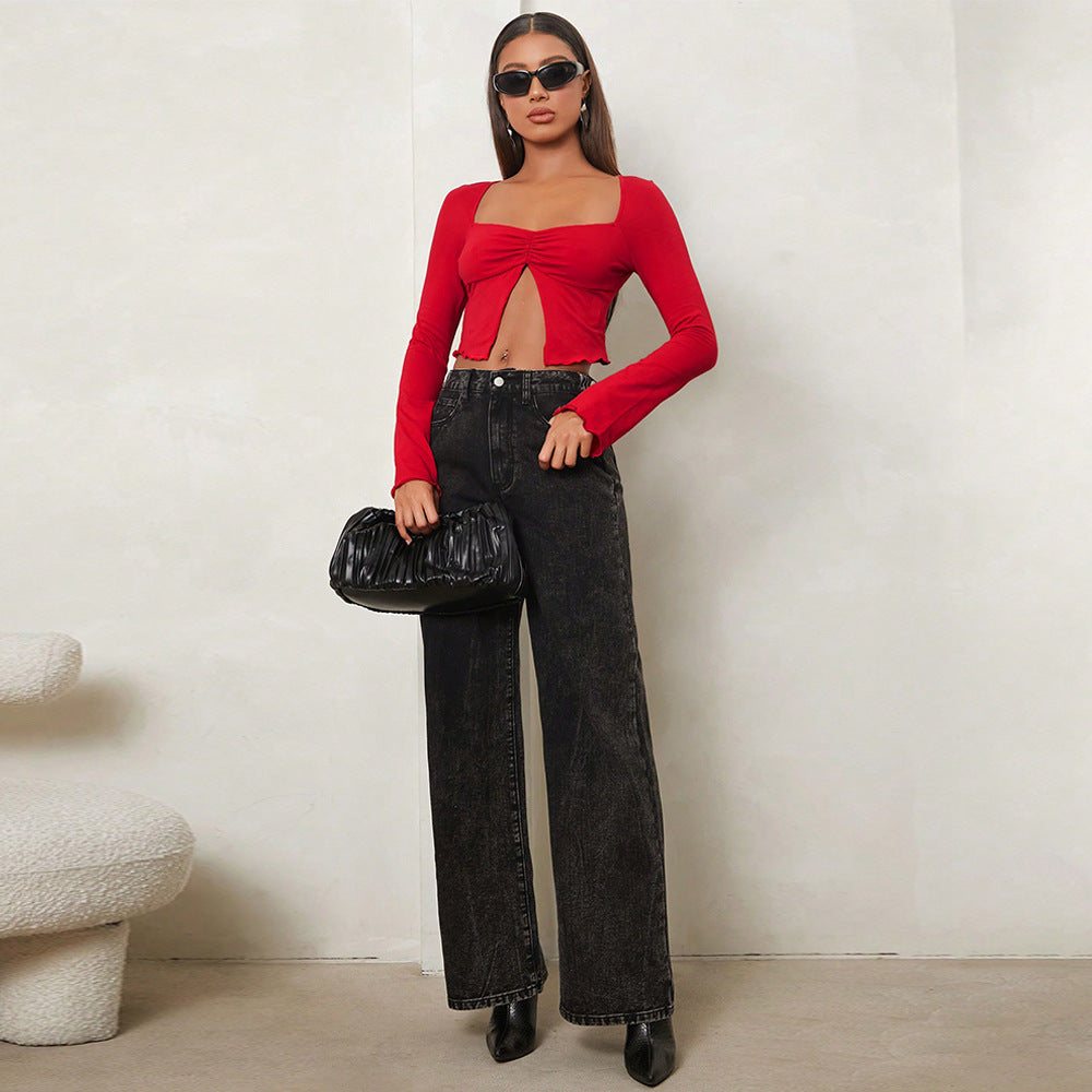 Damen Crop-Shirt mit charmanten Raffungselementen und langen Ärmeln Drune