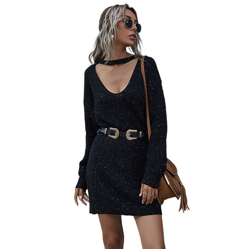 Damen Elegantes Strickkleid mit tiefem Ausschnitt und Gürtel Drune