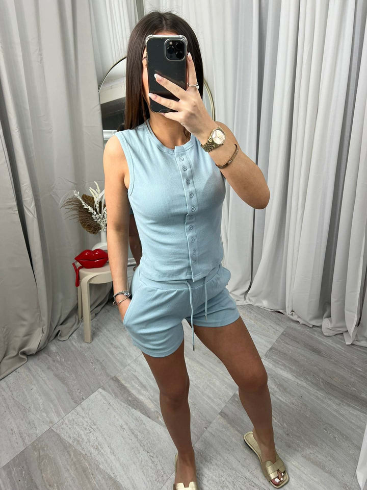 Damen lässiges Kurzoverall-Set mit Knopfverschluss und verstellbarem Taillenzug
