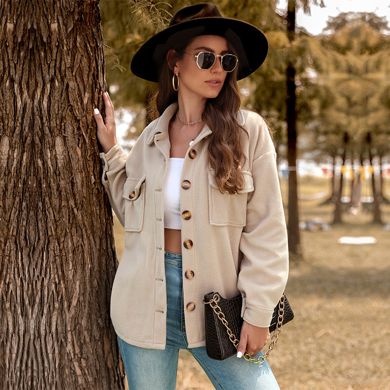 Damen Oversize-Fleece-Hemdjacke mit aufgesetzten Brusttaschen und durchgehender Knopfleiste Drune