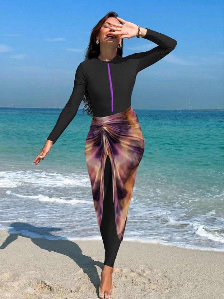 Damen modischer Langarm-Badeanzug mit elegantem Wickelrock Drune