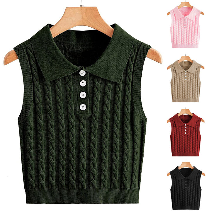 Damen Ärmellose Strickweste mit Polokragen und Zopfmuster Drune