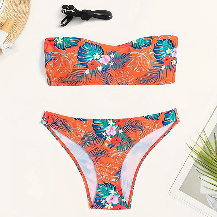 Damen Bandeau-Bikini mit tropischem Muster und elastischem Unterteil Drune