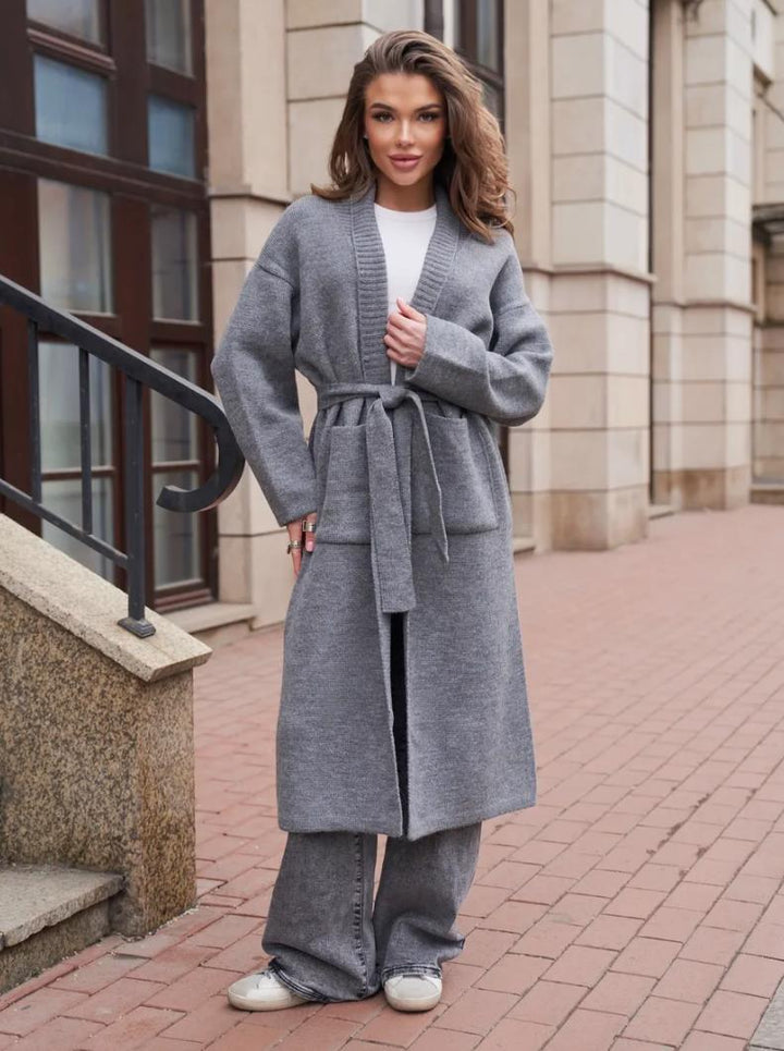 Damen Strickmantel mit Gürtel und praktischen Taschen Drune