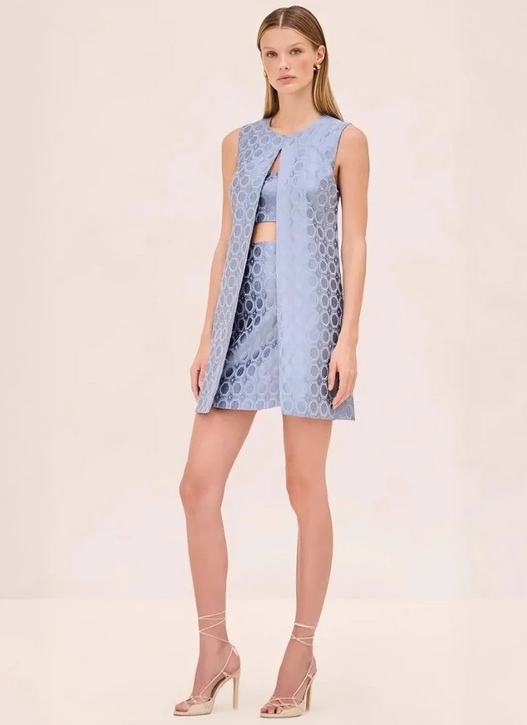Damen nan Jacquard-Zweiteiler mit ärmelloser Longweste und tailliertem Bustier-Minikleid Drune
