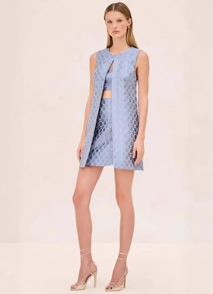 Damen nan Jacquard-Zweiteiler mit ärmelloser Longweste und tailliertem Bustier-Minikleid Drune