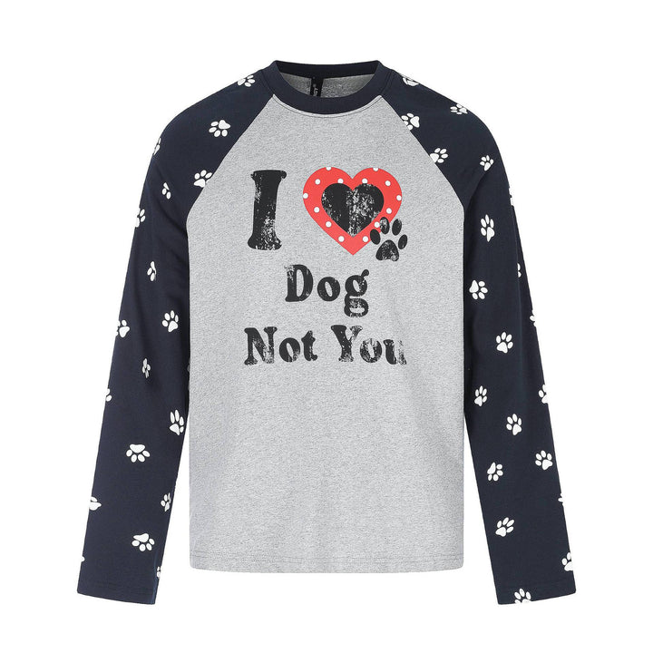 Damen Longsleeve-Raglanshirt mit Hunde‑Slogan und Pfotenmuster Drune