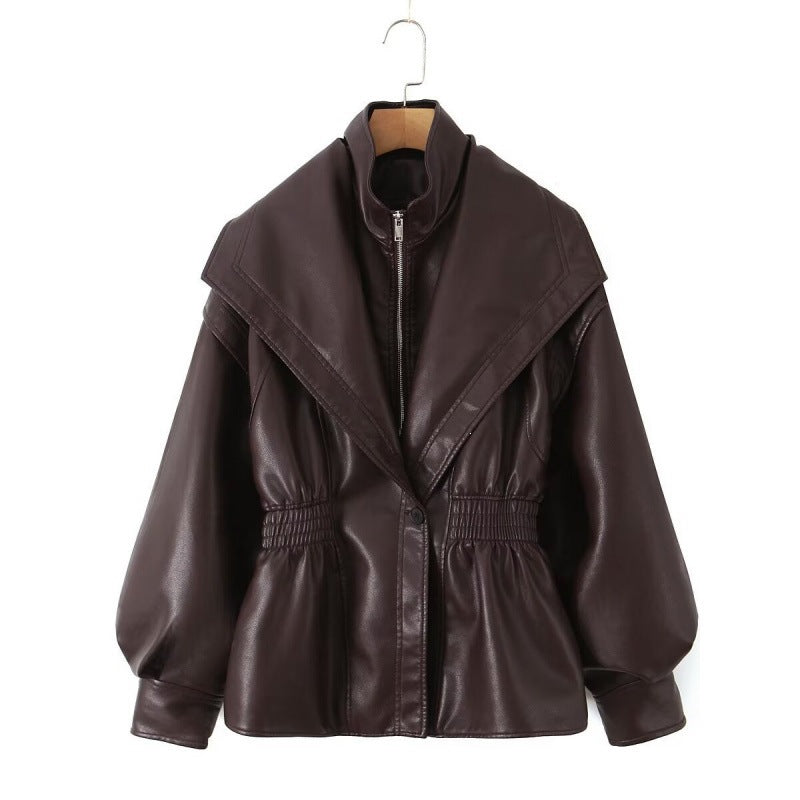 Damen Kunstlederjacke mit weitem Schalkragen und gerafftem Taillenbund Drune