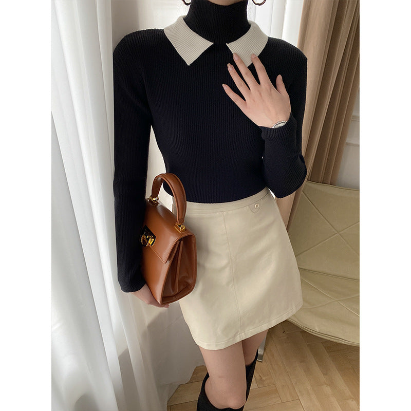 Damen Strickpullover mit Stehkragen und kontrastierendem Kragen Drune