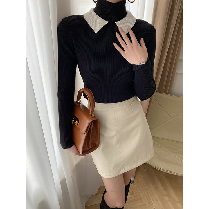 Damen Strickpullover mit Stehkragen und kontrastierendem Kragen Drune