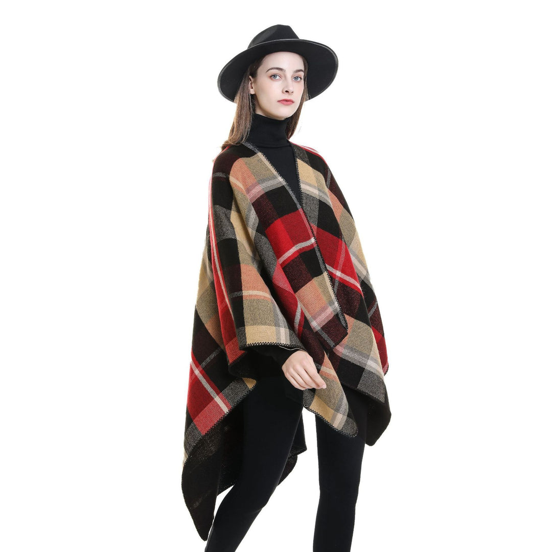 Damen Oversize-Rechteckponcho im Cape-Look mit Kettelsaum und Karomuster Drune