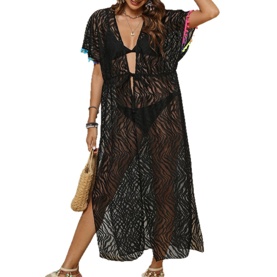 Damen eleganter Häkel-Strandüberwurf mit Knoten und Rüschen Drune