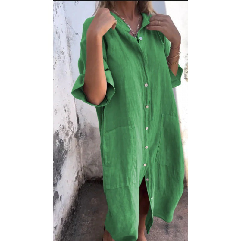 Drune | Lässiges Baumwoll-Leinen Shirtkleid mit dreiviertelärmeln