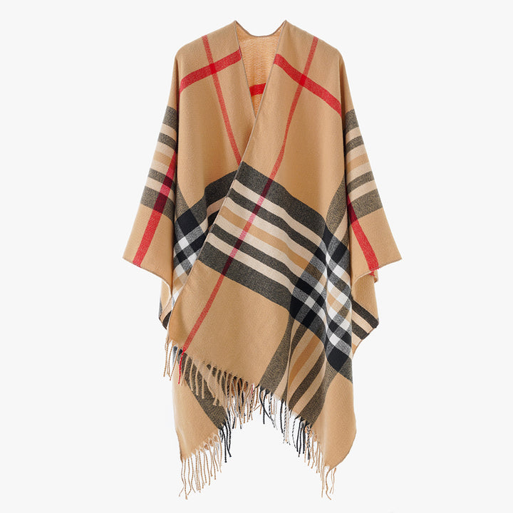 Damen Karierter Wollmix-Poncho mit Fransen und offenem Kimono-Schnitt Drune