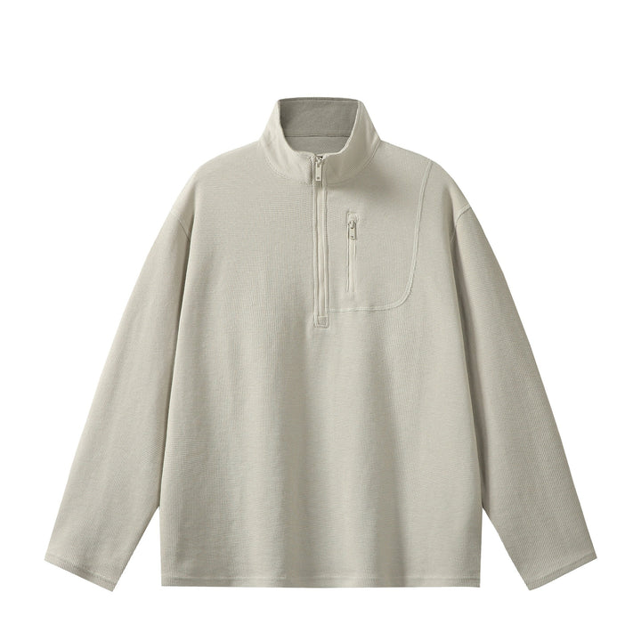 Unisex Leichter Waffelstrick-Halbzip-Pullover mit Stehkragen und Brustzippertasche Drune