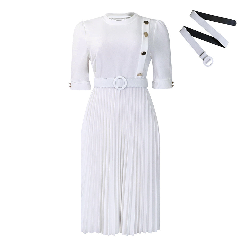 Damen Plissee Kleid mit taillierter Silhouette und modischen Knopfdetails Drune