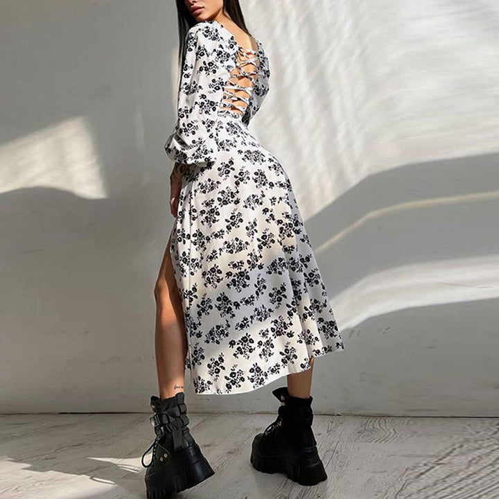 Damen Maxikleid mit elastischen Puffärmeln und sexy Schlitz Drune
