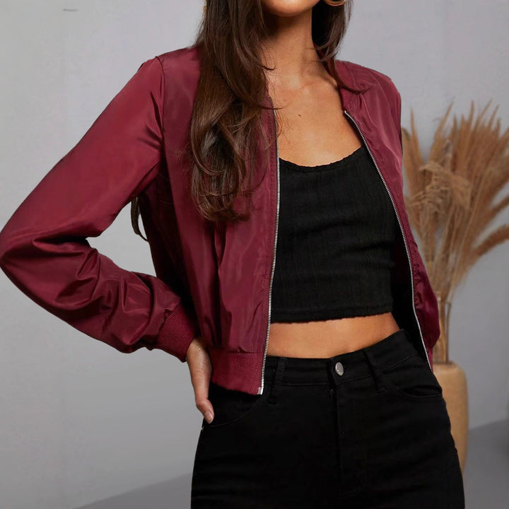Damen Cropped Bomberjacke aus Satinoptik mit Ärmeltasche und elastischem Saum Drune