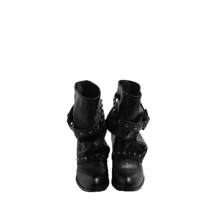 Damen Biker-inspirierte Slouch-Stiefelette mit Nietenriemen und Dornschließen-Detail Drune