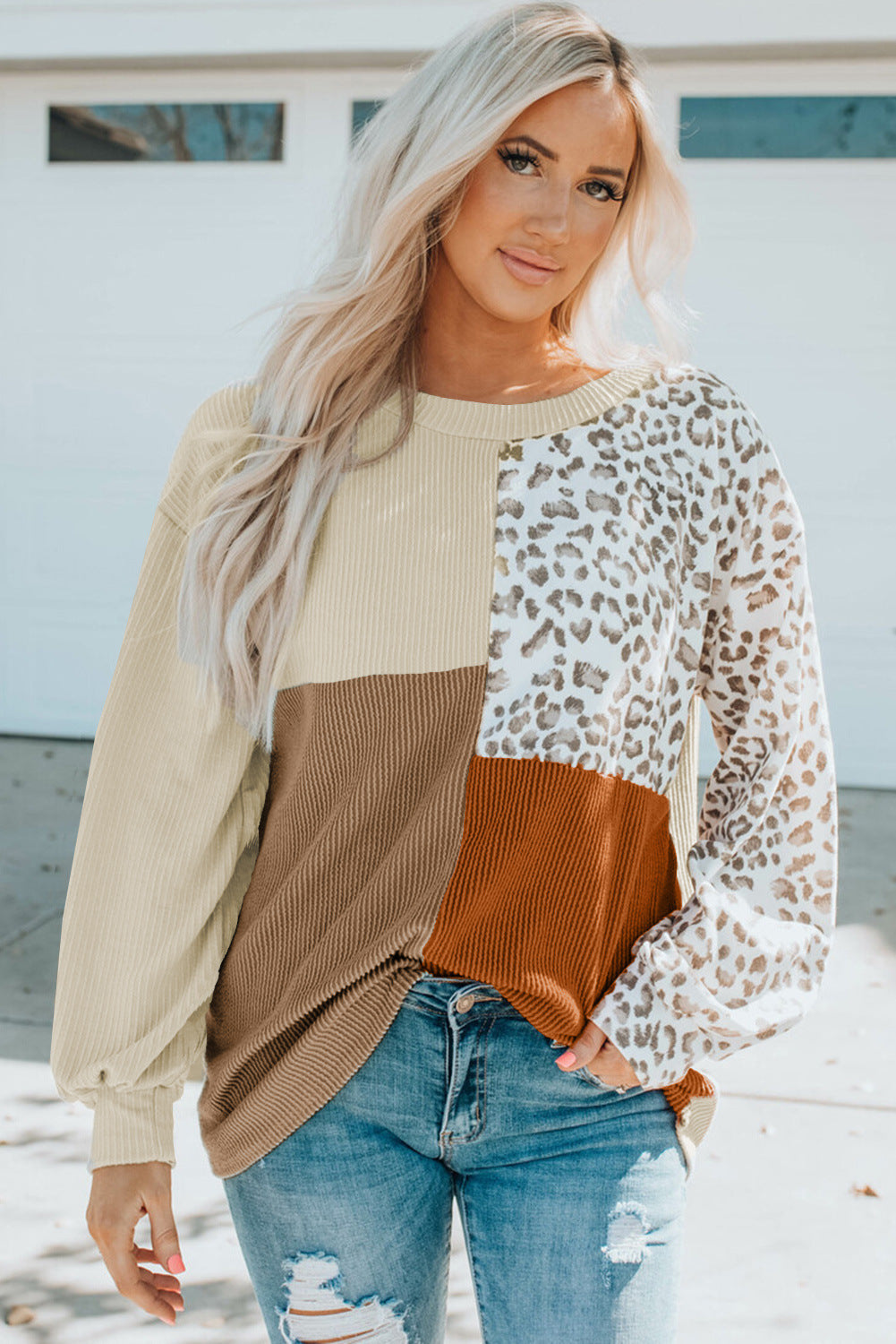 Damen Patchwork-Strickpullover mit Leopardenmuster, Rippstruktur und Ballonärmeln Drune