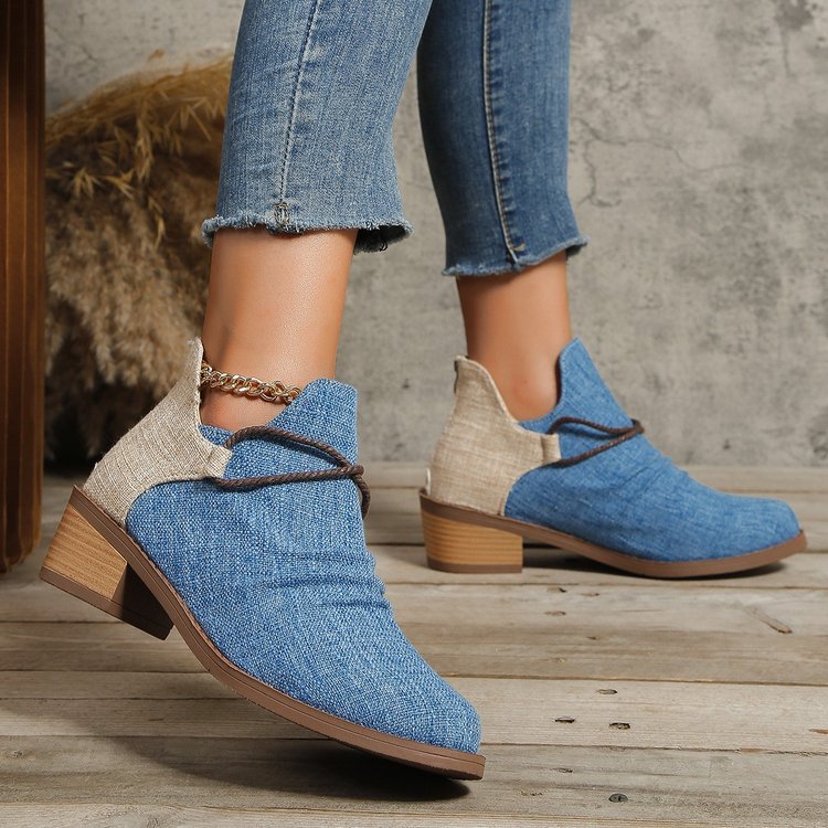 Damen Kurzstiefelette mit Leoparden-Print, Canvas-Obermaterial, dekorativem Flechtriemen und niedrigem Blockabsatz Drune