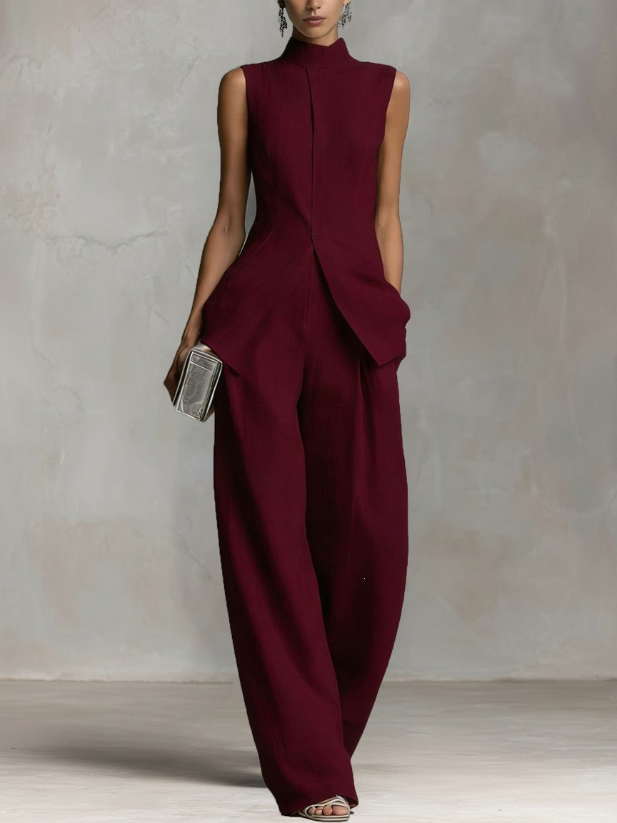 Damen Eleganter Jumpsuit mit hochgeschlossenem Kragen und weitem Bein Drune