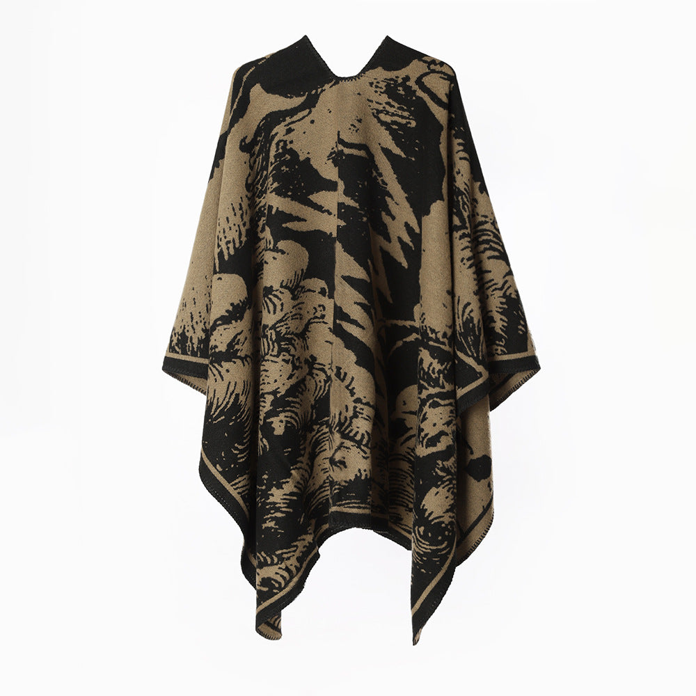 Damen Oversize‑Jacquard‑Cape mit abstraktem Naturmotiv und Kettelkante Drune