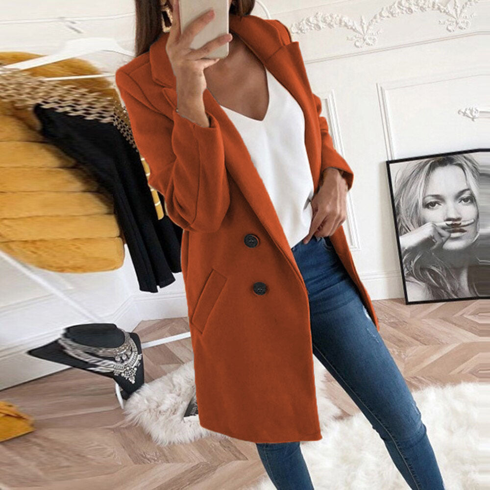 Damen Longline Wolloptik Mantel‑Blazer mit Reverskragen Drune