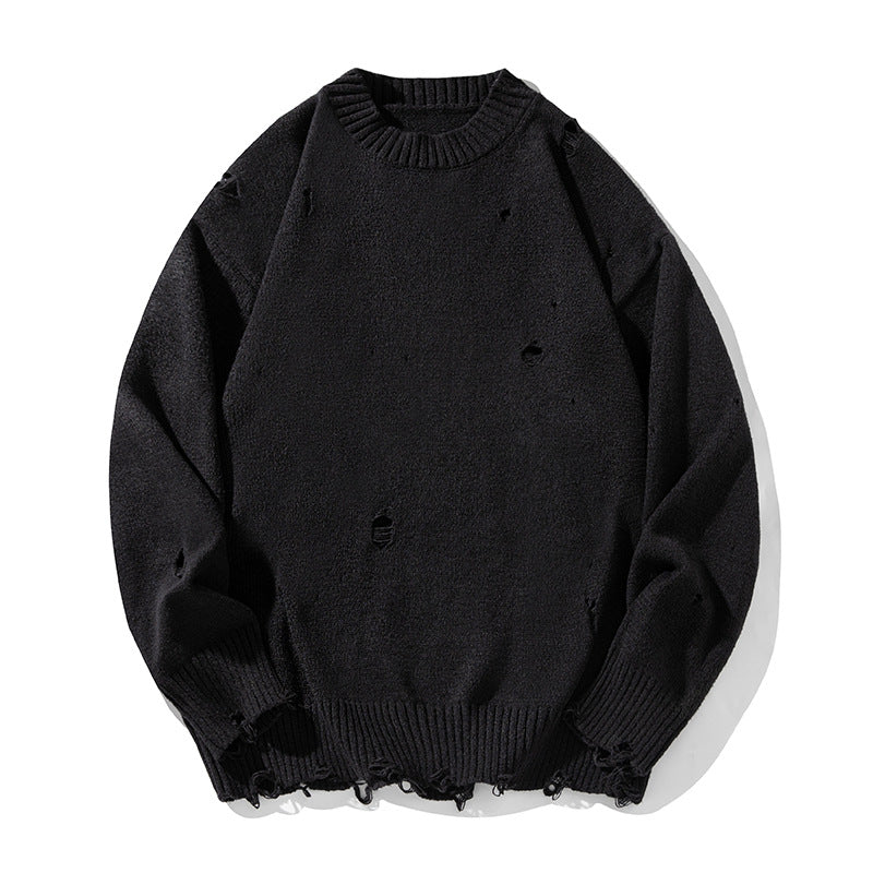 Unisex Oversize Strickpullover mit Vintage-Löchermotiv, Rundhalsausschnitt und gerippten Bündchen Drune