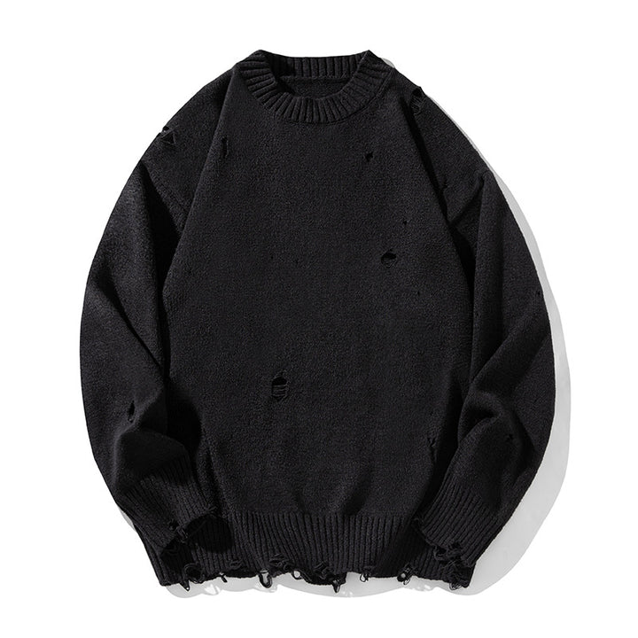 Unisex Oversize Strickpullover mit Vintage-Löchermotiv, Rundhalsausschnitt und gerippten Bündchen Drune