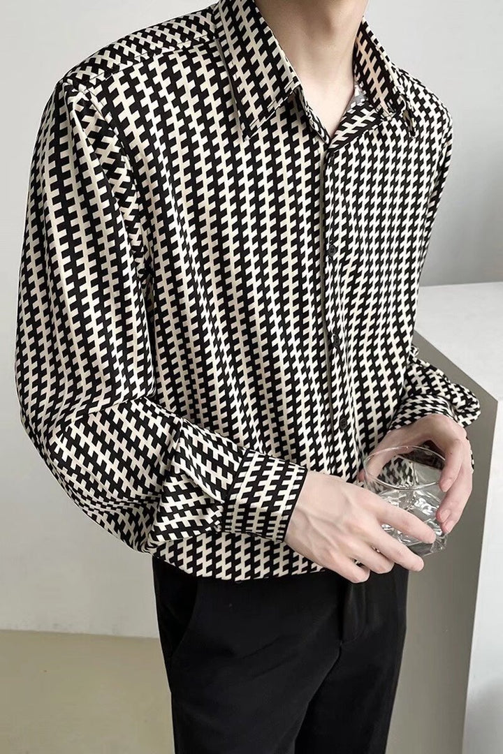 Herren Gemustertes Oversize-Hemd mit Hahnentritt-Motiv und klassischem Hemdkragen Drune