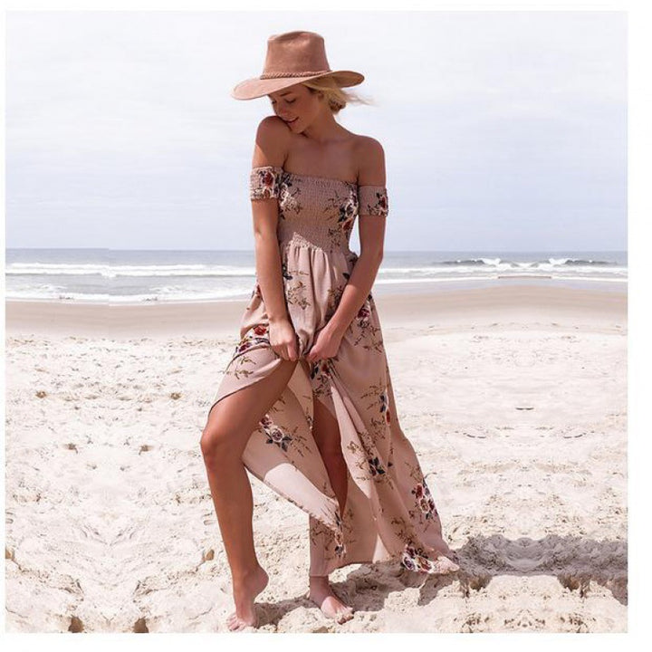 Damen Maxikleid mit schulterfreiem Design und floralen Mustern Drune