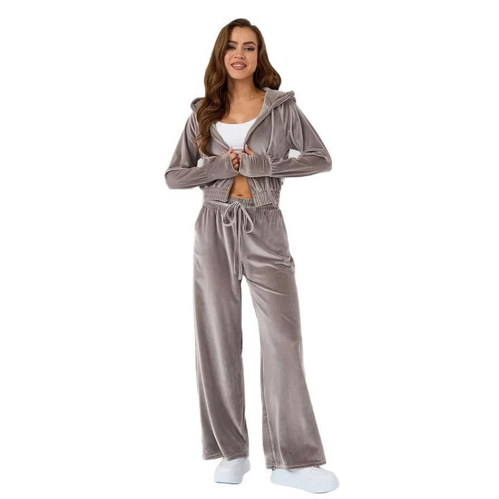 Damen luxuriöses Velours-Lounge-Set mit kurzem Reißverschluss-Hoodie und weitem Comfort-Hose Drune